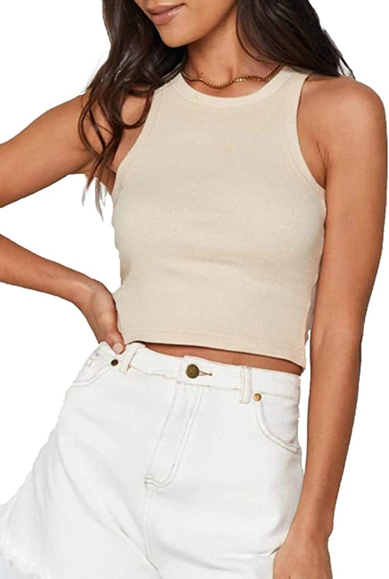 MISSACTIVER Women Basic Sleeveless Vest Crop Tank Top Casual Crew Neck Binding Crop Top (Medium, Apricot) - Image 1